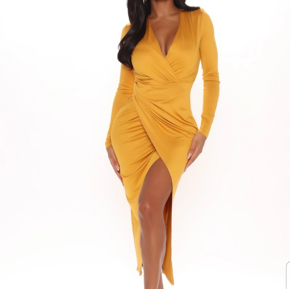Fashion Nova mustard roughed dress